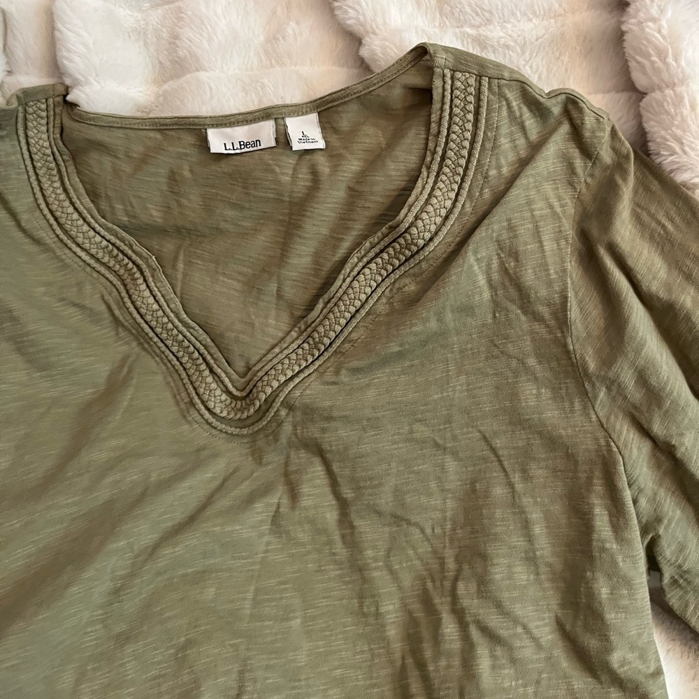 L.L. Bean Women’s L Olive Green Braided V Neck Fall Spring Classic Travel Tunic